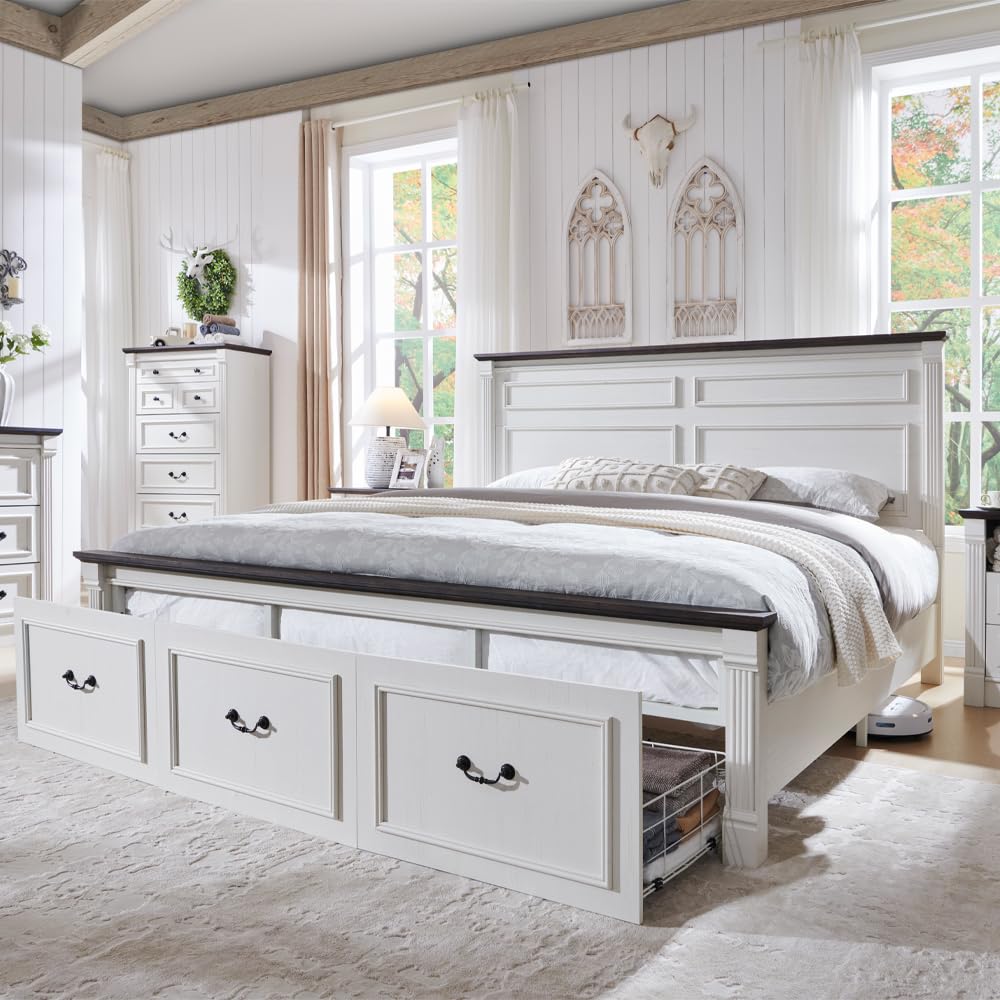 King Size Bed Frame With Storage Drawers - Çiftlik Evi Tarzı King Size Yatak