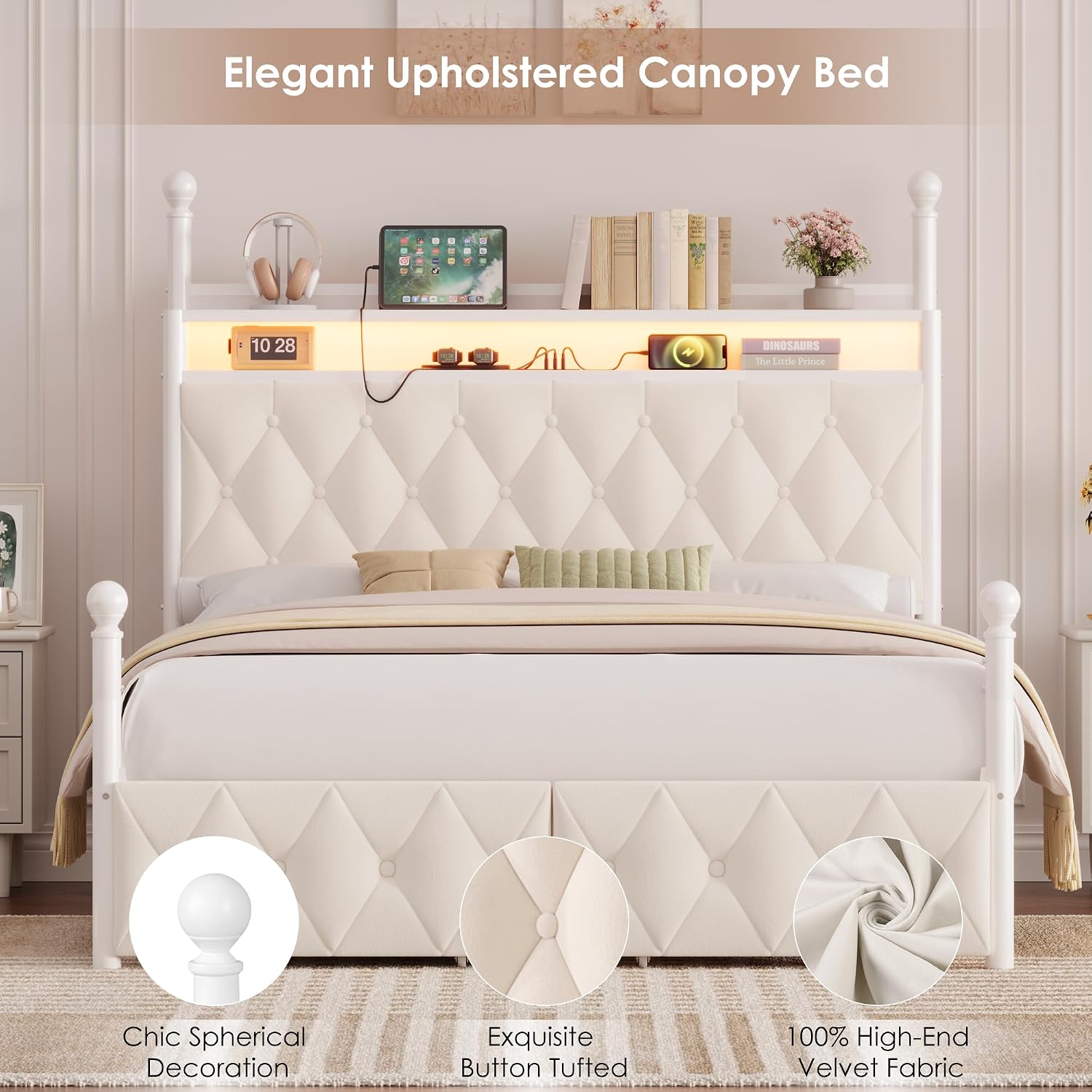 Canopy Bed Frame Metal Queen - Kraliçe Boy LED Işıklı Çerçeveli Yatak,