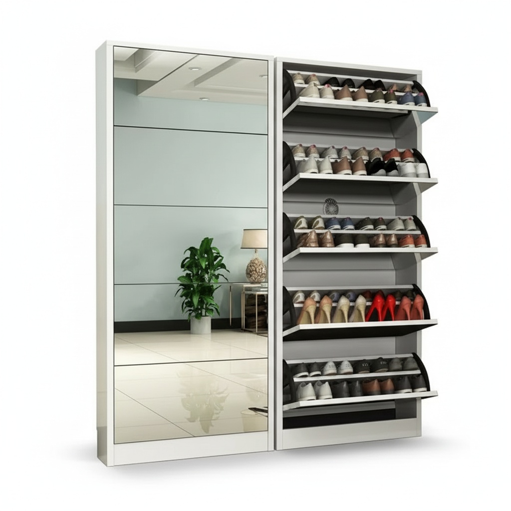 Shoe Rack Cabinet Narrow Entryway - Modern Ahşap Ayakkabılık Dolabı, Aynalı İnce
