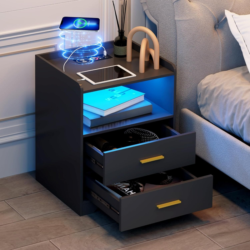Solid Wood Nightstand 2 Drawers - Şarj İstasyonlu Siyah LED Komodin Modern