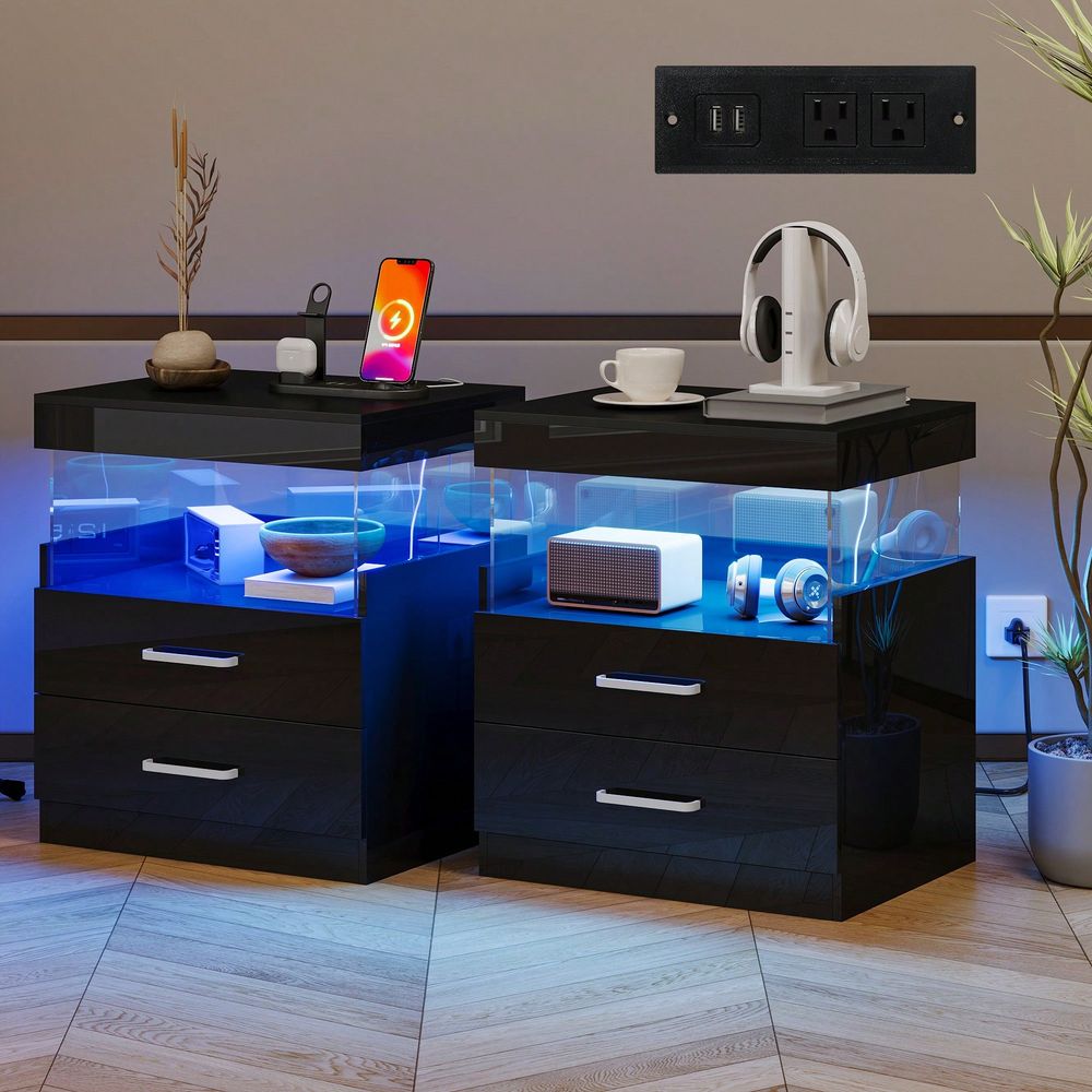 Floating Nightstand With Led Light - Şarj İstasyonlu Siyah LED Sehpa, LED