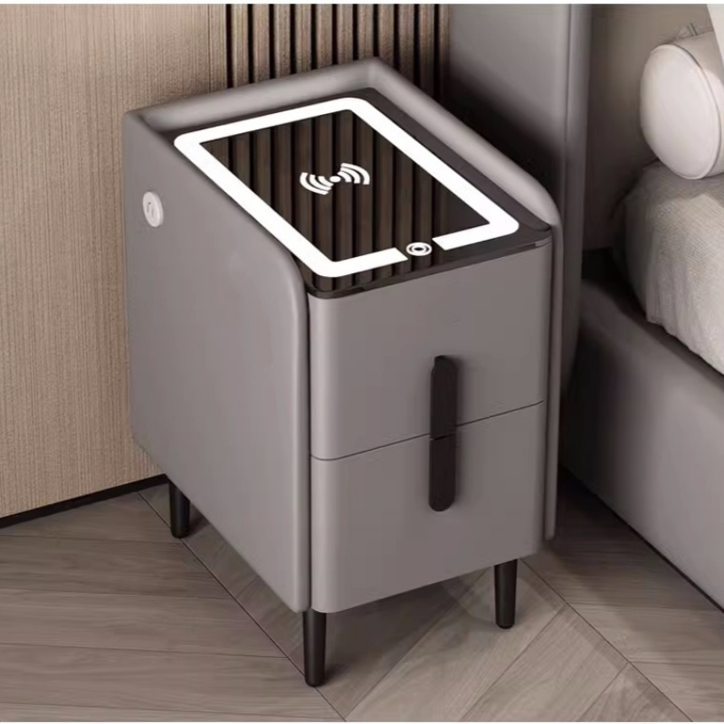 Solid Wood Nightstand 2 Drawers - İskandinav Tarzı Akıllı Komodin, Kablosuz Şarj
