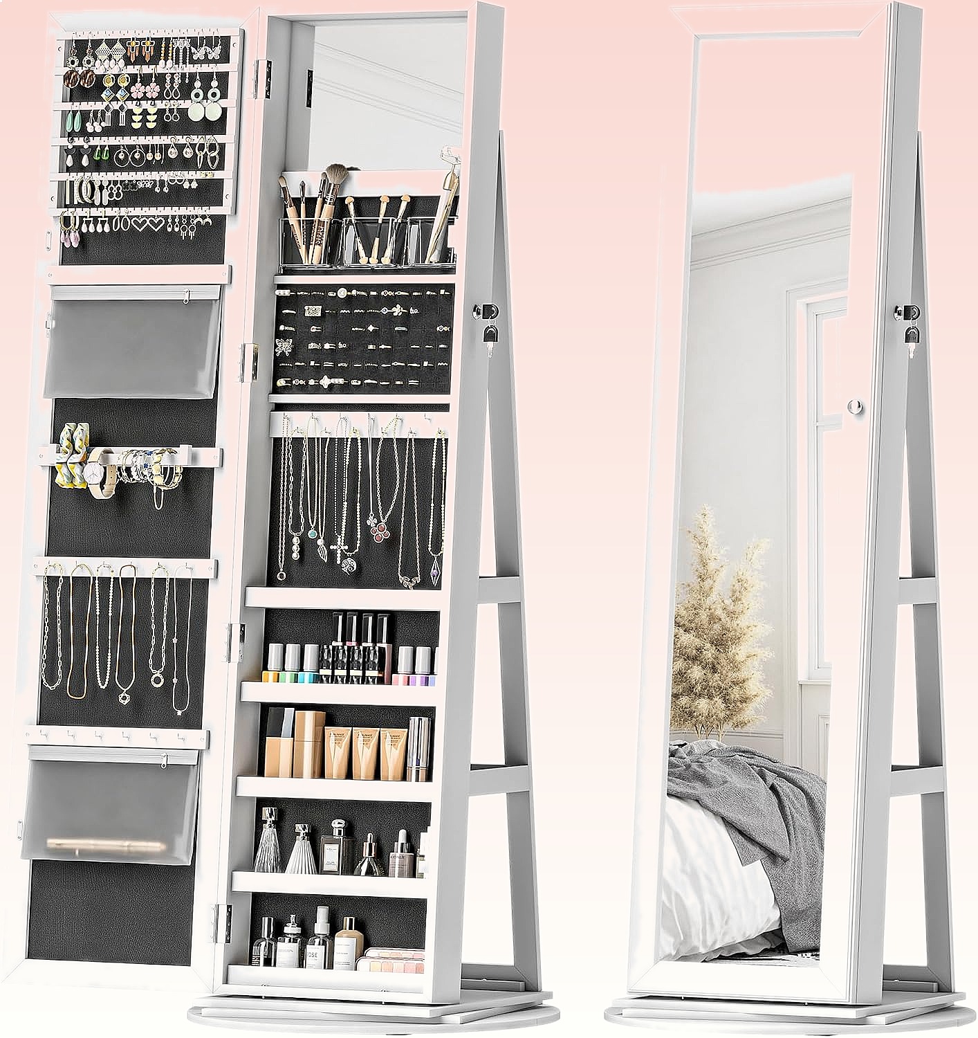 Full Length Mirror Jewelry Armoire - HOMCOM 360 ° Döner Kilitlenebilir Takı
