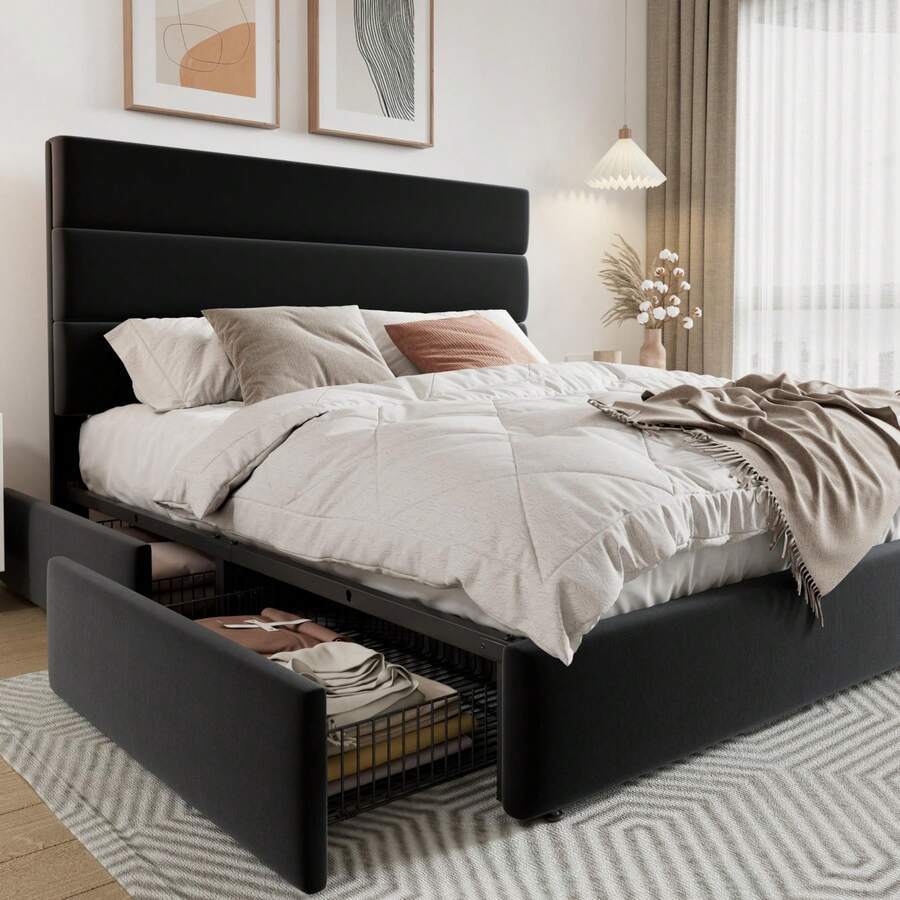 King Size Bed Frame With Storage Drawers - Tam/Kraliçe/Kral Boy Platform Yatak Çerçevesi, 4