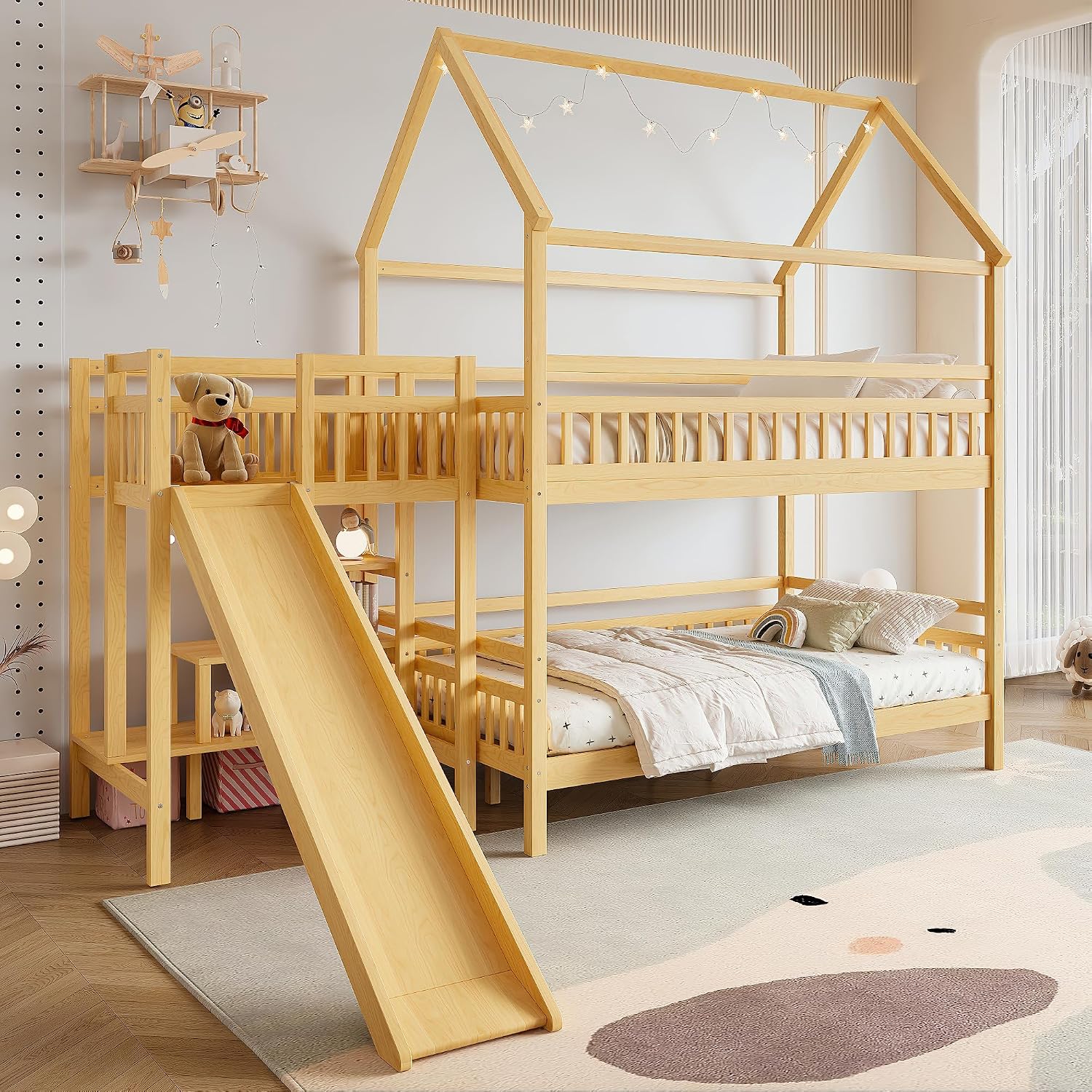 Bunk Bed With Stairs And Slide - Oyun Evi Tasarımlı Çatılı Tam Boy