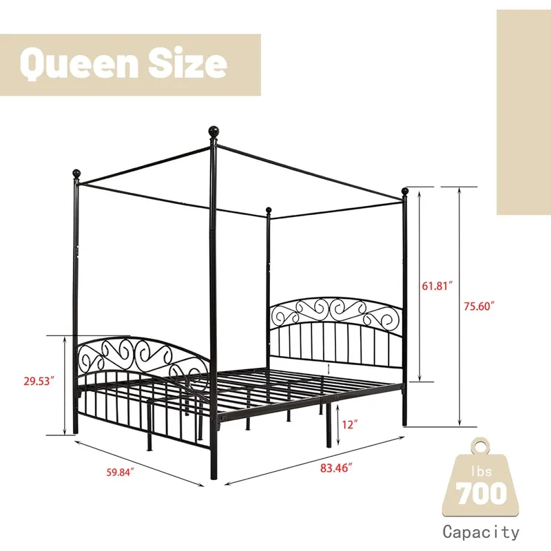 Kraliçe Boyutu, Dört Direkli,  - Canopy Bed Frame Metal Queen incelemesi ve fiyatı
