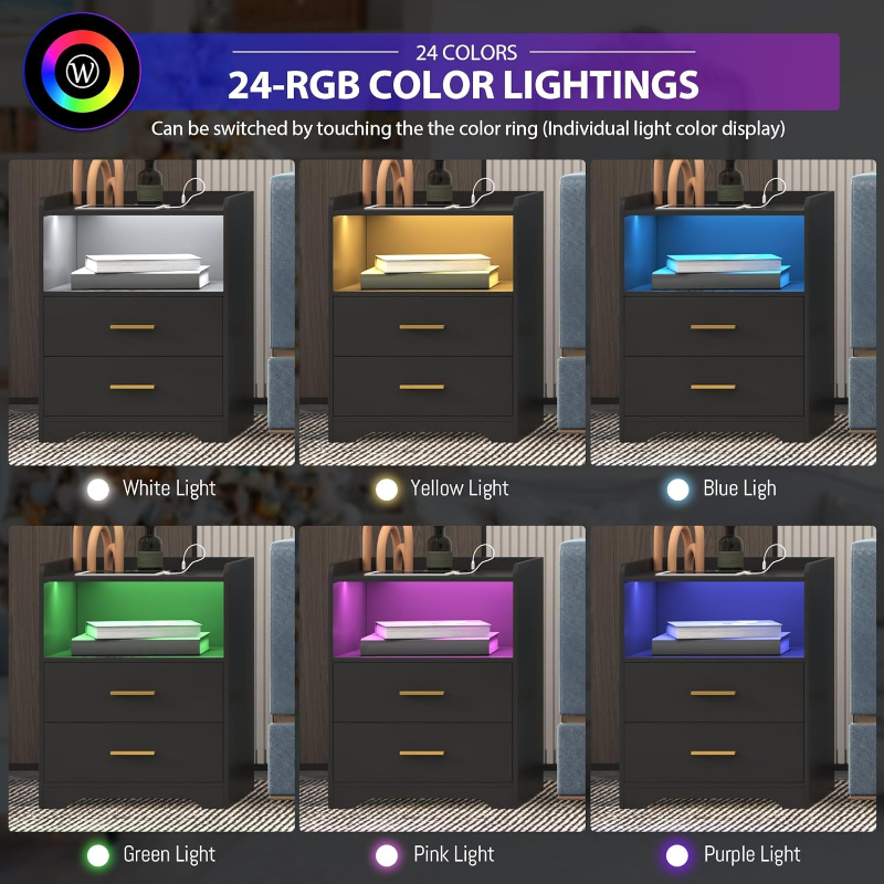 Şarj İstasyonlu Siyah LED Komo - Solid Wood Nightstand 2 Drawers incelemesi ve fiyatı
