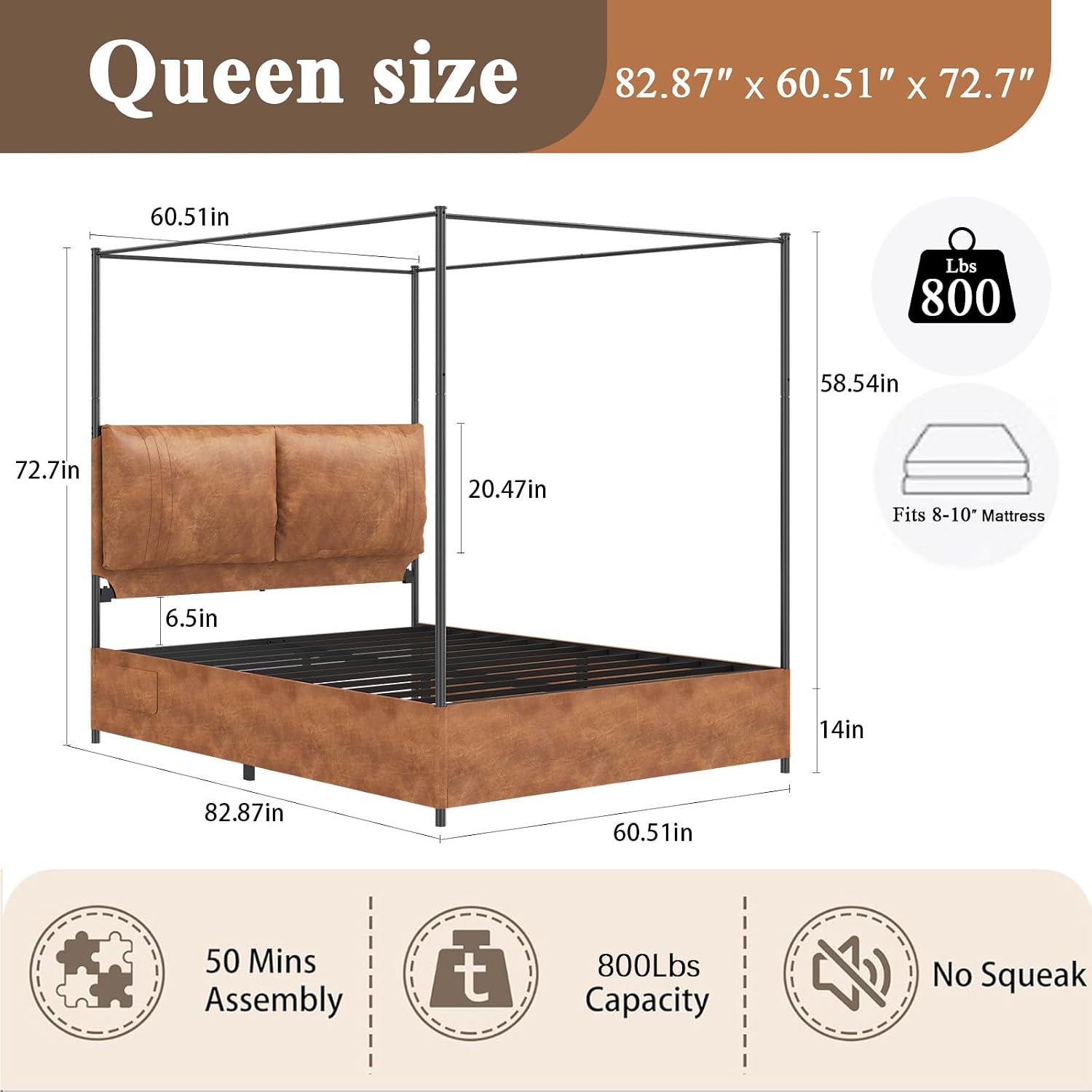 Yüksek Döşemeli Suni Deri Başl - Canopy Bed Frame Metal Queen incelemesi ve fiyatı
