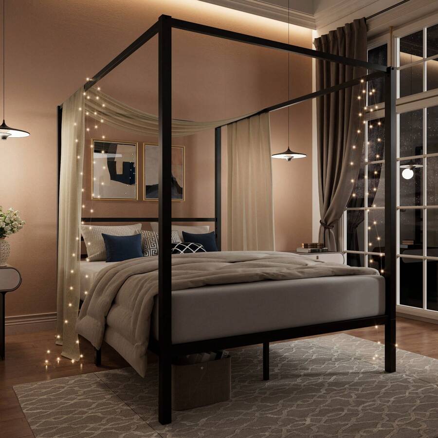 Siyah Kanopi Yatak Çerçevesi,  - Canopy Bed Frame Metal Queen incelemesi ve fiyatı